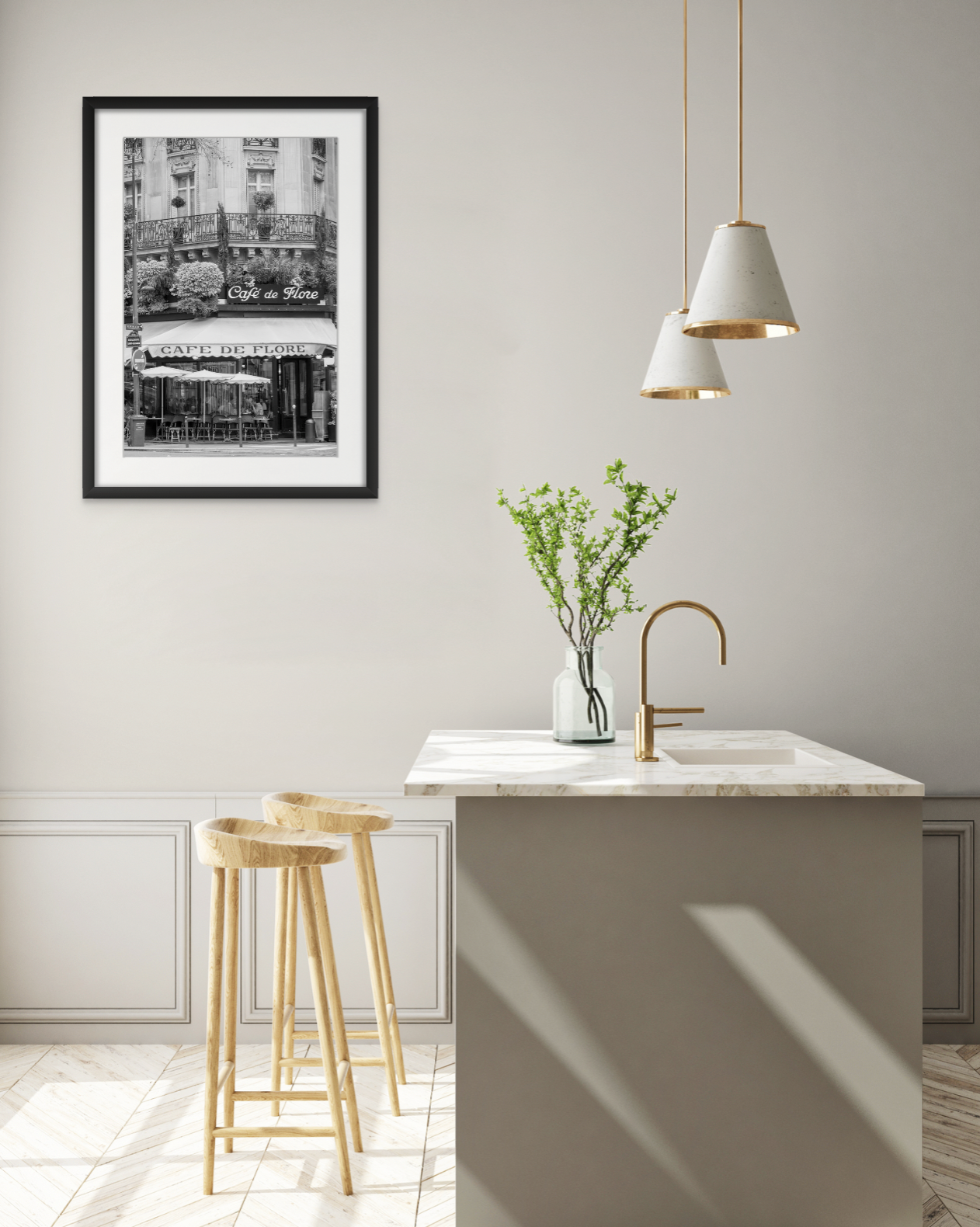 framed cafe de flore print in kitchen