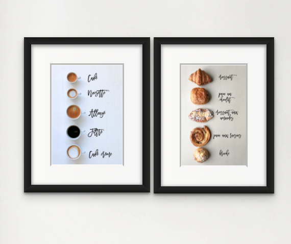 French Kitchen Print Set Coffee and Croissants